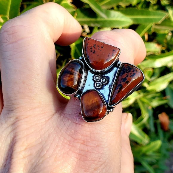 New Tiger Eye & Mahogany Obsidian 925 Silver Ring. - Picture 13 of 15